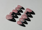 Set of nude base pink and black french tip nail art designs on a white background