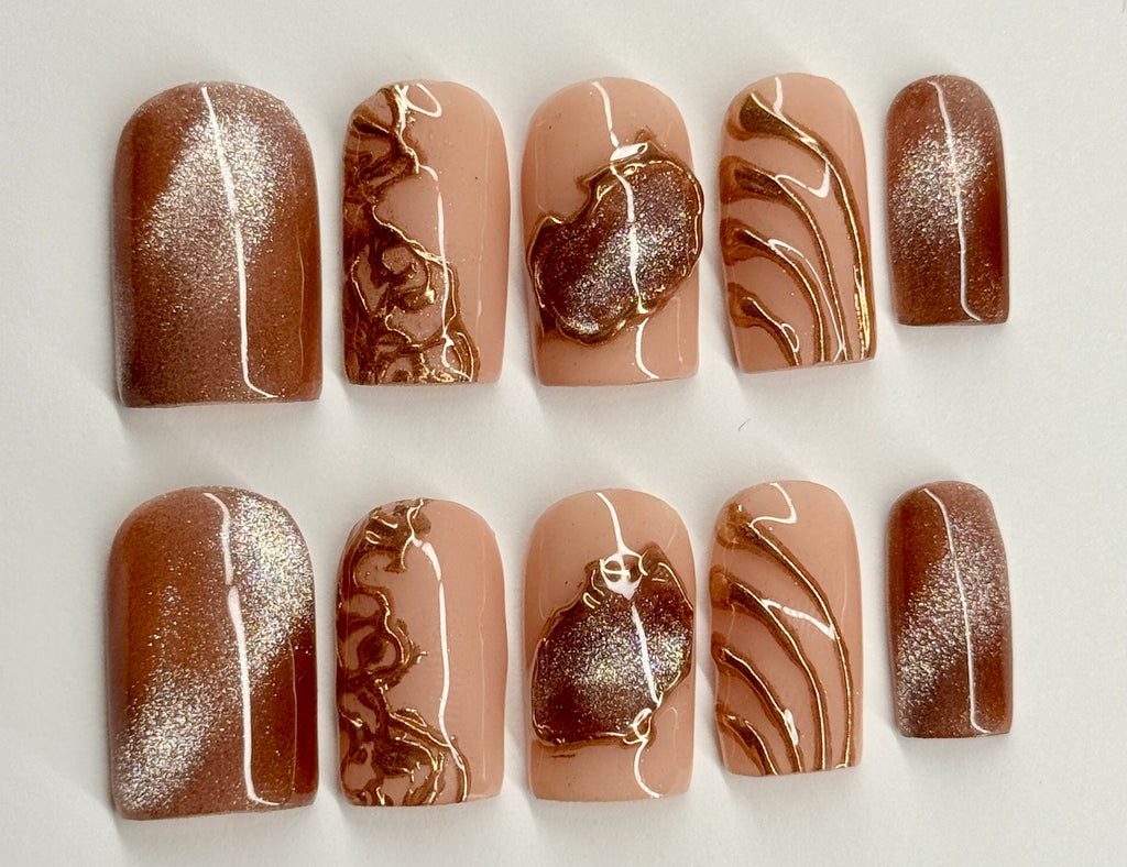 Bronze Mirage Cat Eye and 3D Design Press On Nails| Reusable Custom Nails
