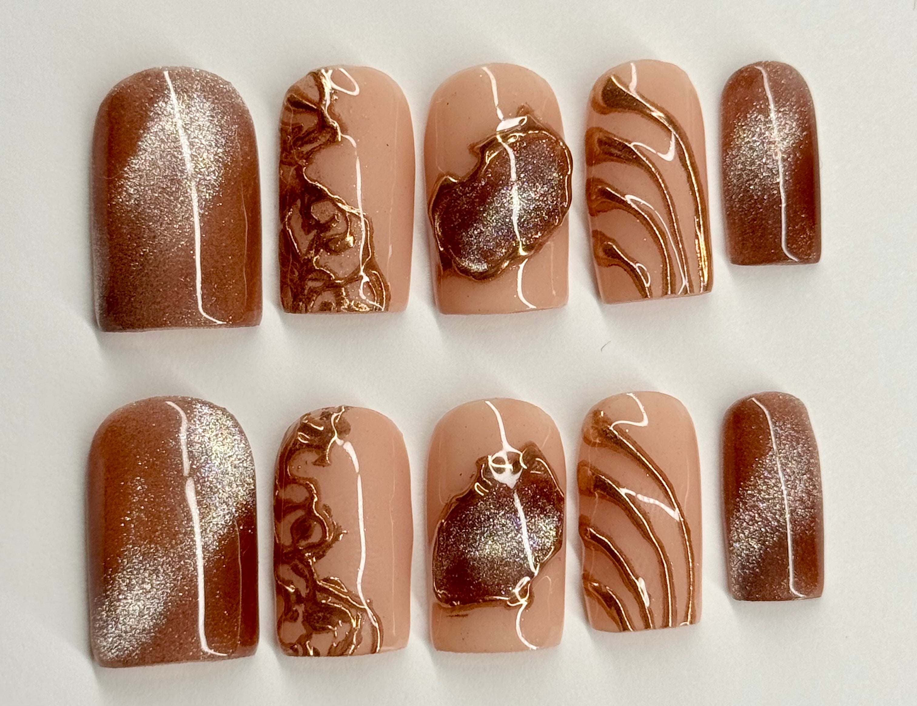 Bronze Mirage Cat Eye and 3D Design Press On Nails| Reusable Custom Nails