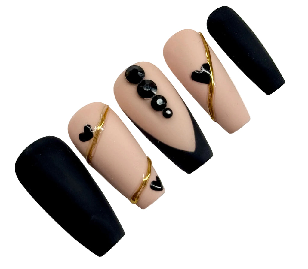 Elegant Solid Black with French Tip Design Press On Nails|Reusable Custom Nails