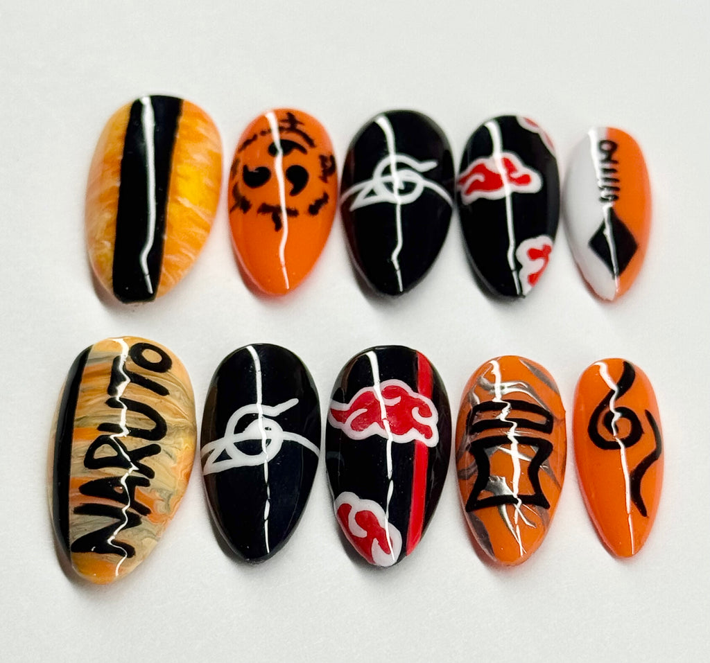 Nail art designs inspired by the Naruto anime on a white background