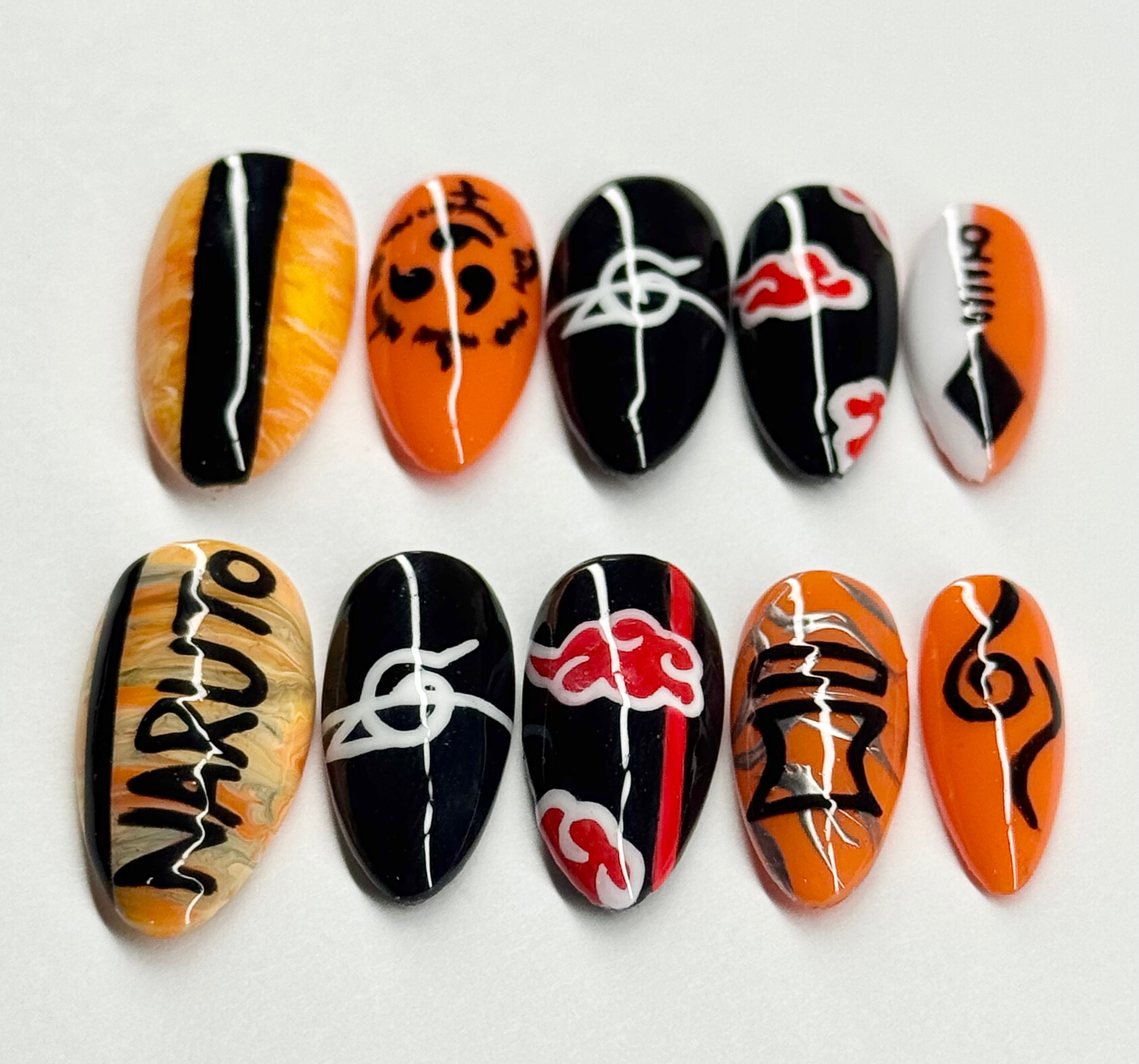 Nail art designs inspired by the Naruto anime on a white background