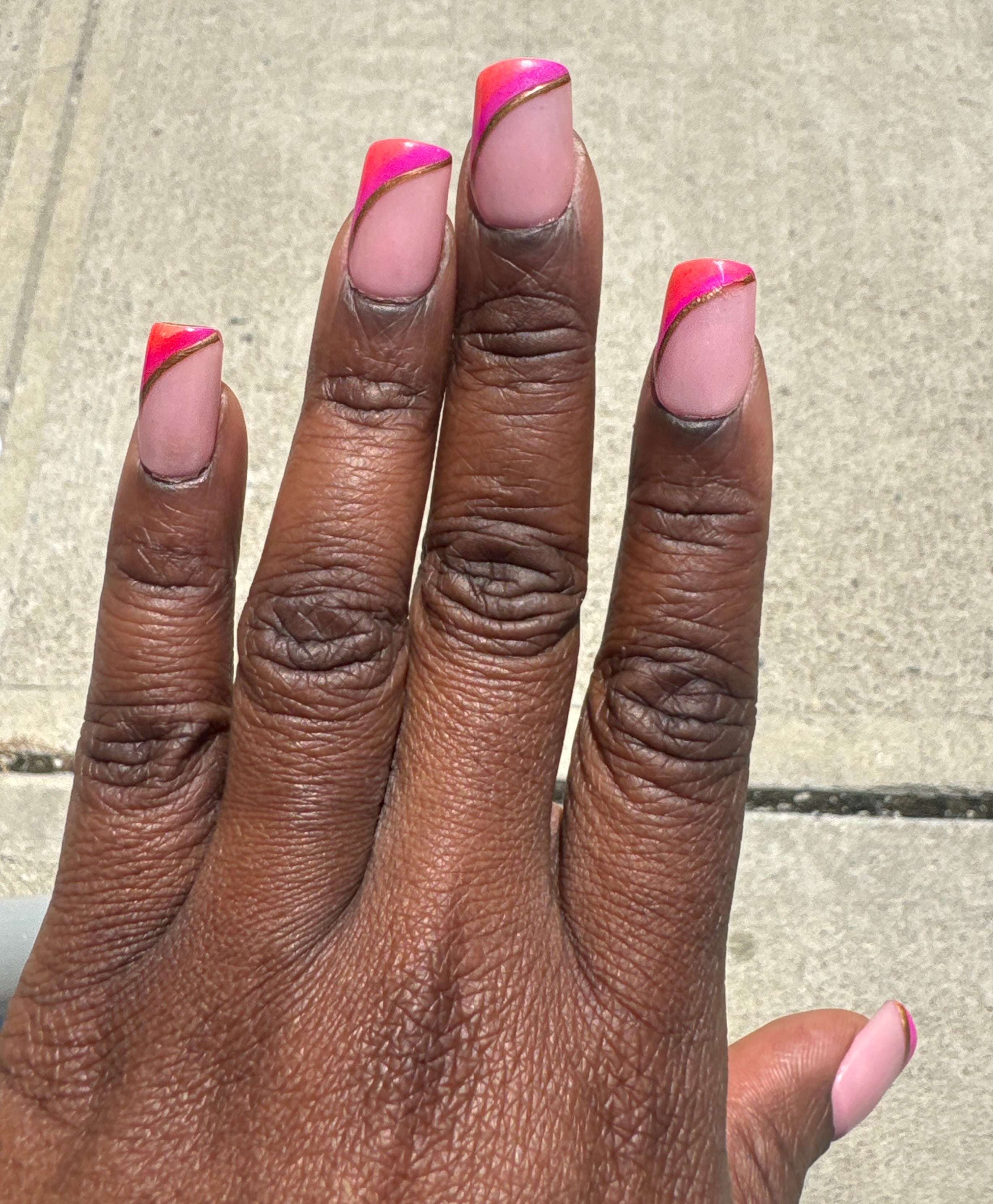 Realistic Hand with pink nail polish on a neutral background