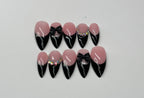 Black french tip and nude pink base nail art designs on a white background