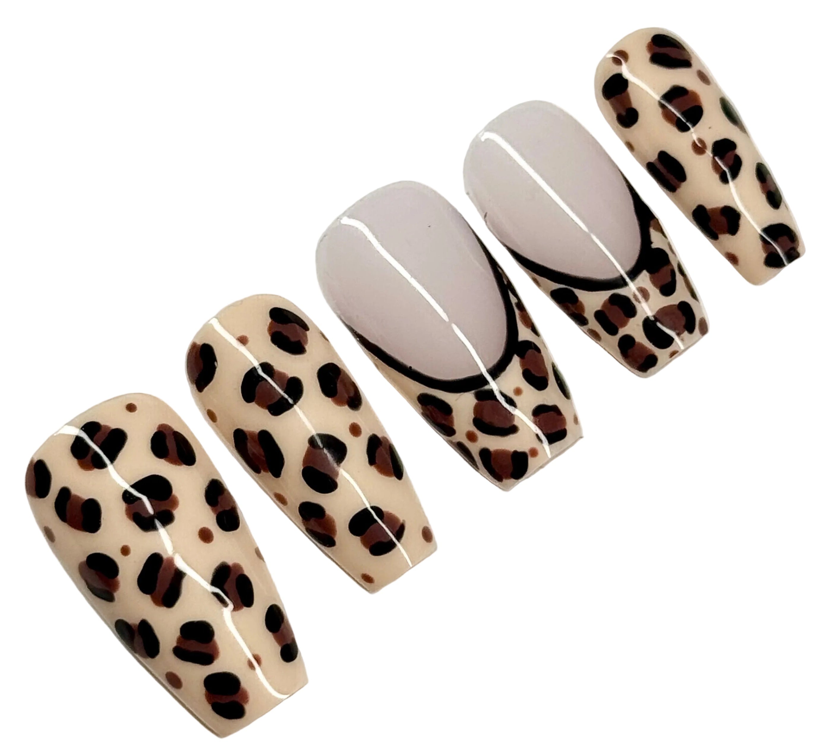Set of false nails with leopard print design on a light gray background
