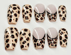 Set of leopard print and plain beige nail designs on a white background