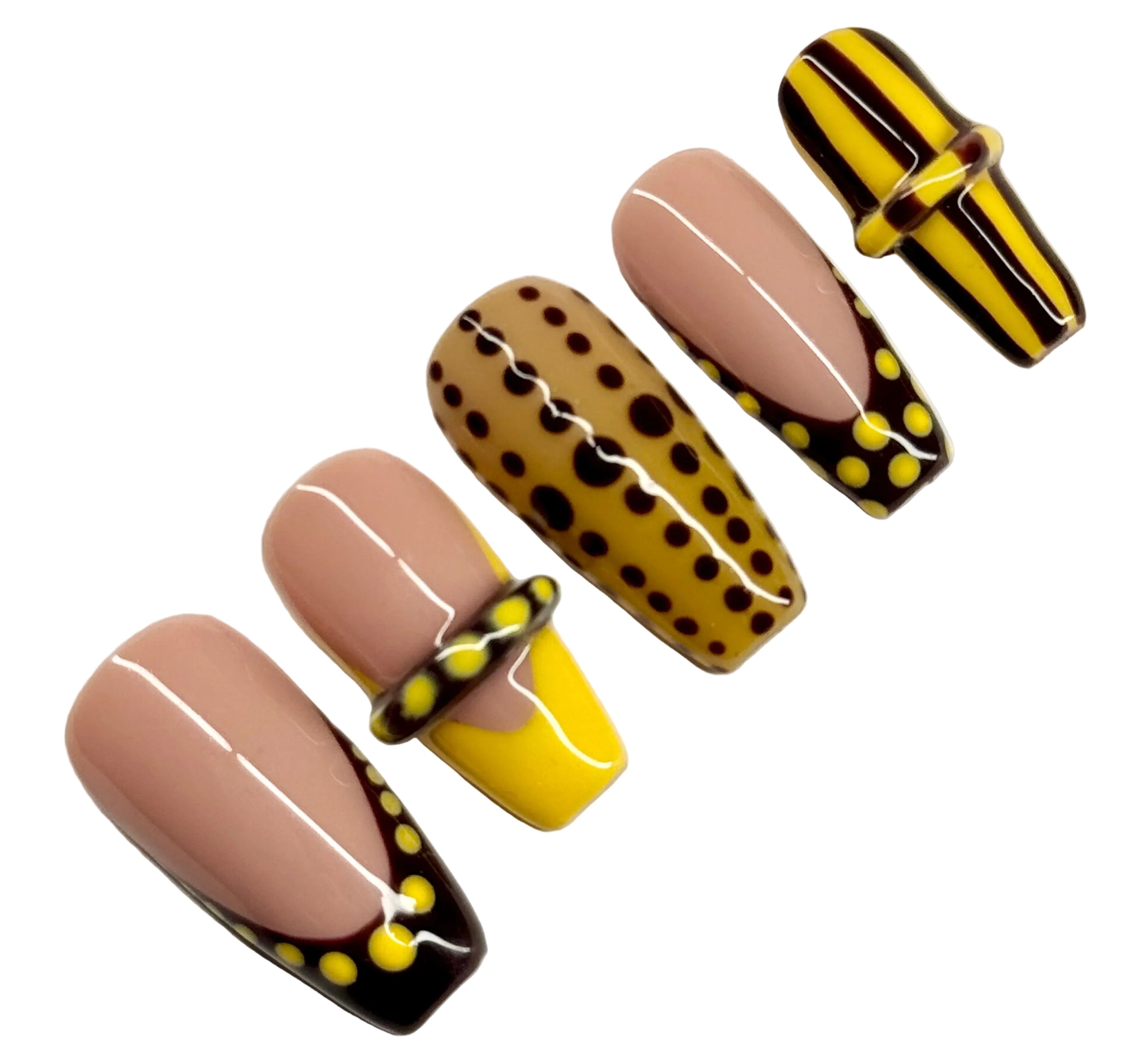 Set of nail art designs with polka dots, stripes, and solid colors on a white background