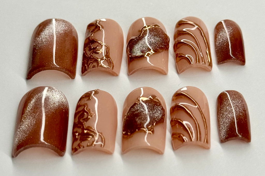 Bronze Mirage Cat Eye and 3D Design Press On Nails| Reusable Custom Nails