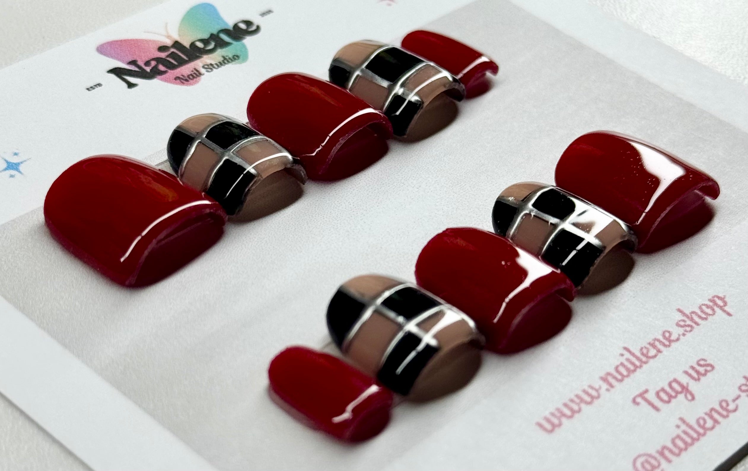 Runway Red Plaid Press On Nails| Reusable Custom Nails