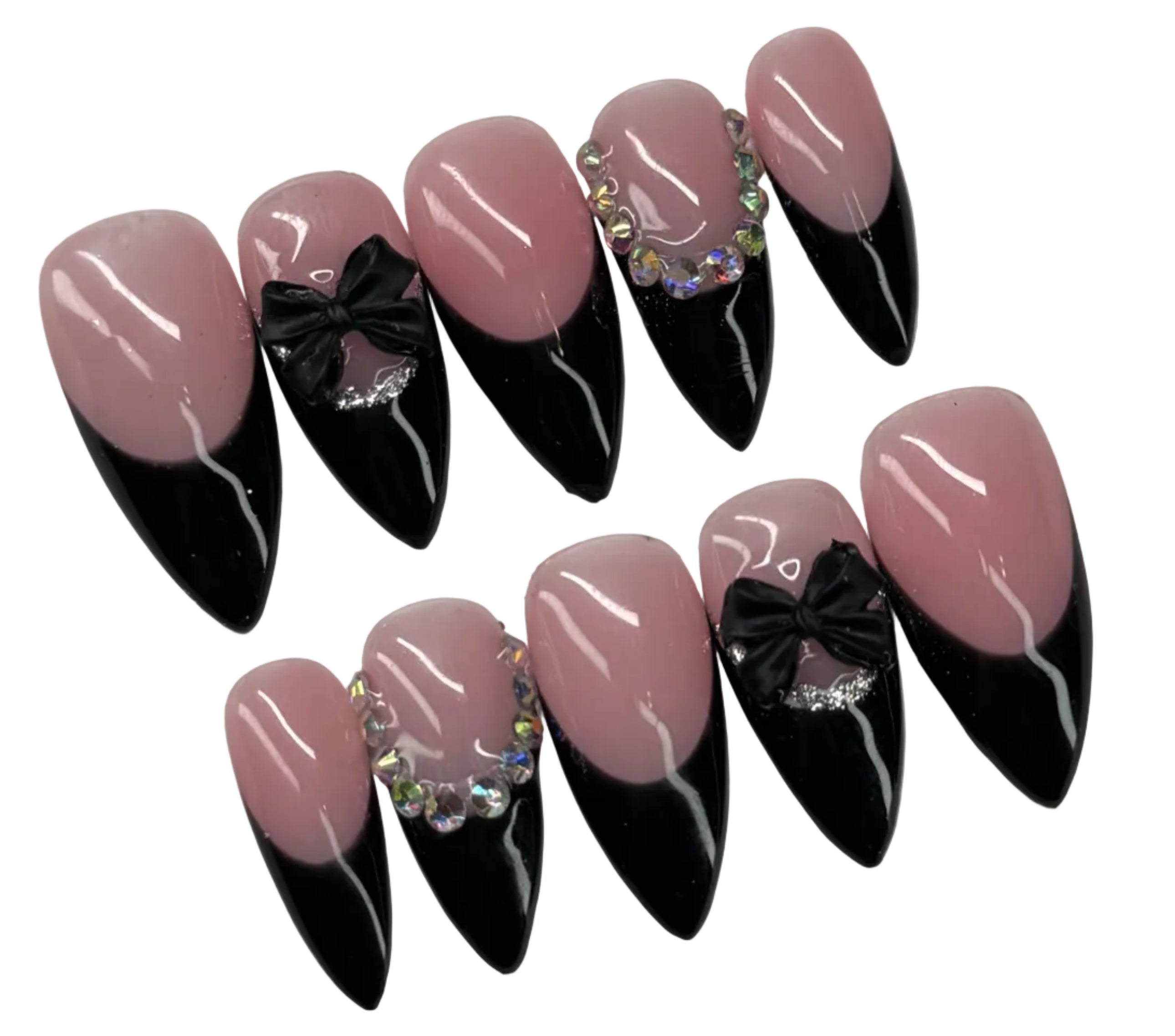 Black french tip nail art designs on a white background
