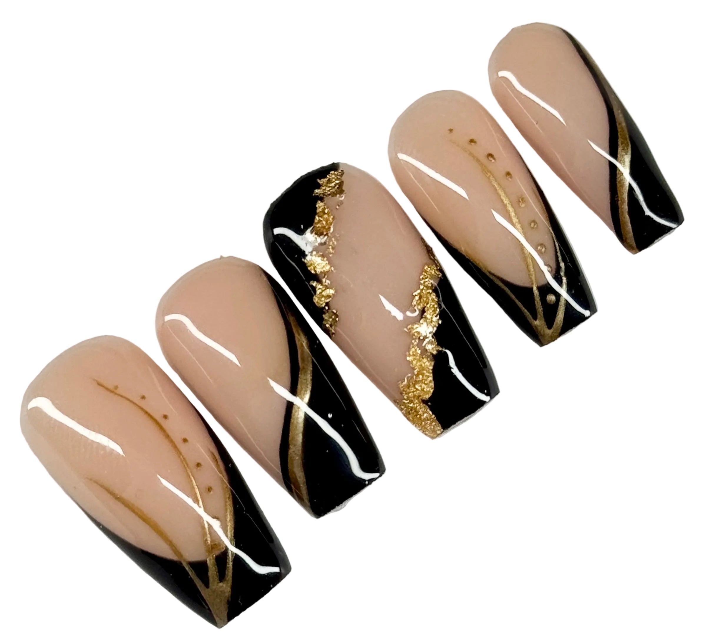 Nail art design with beige, black, and gold on a white background