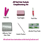 Collection of nail care items including a nail file, buffer, glue, adhesive tabs, cuticle pusher, and alcohol prep pads on a white background.