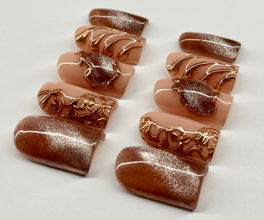 Bronze Mirage Cat Eye and 3D Design Press On Nails| Reusable Custom Nails