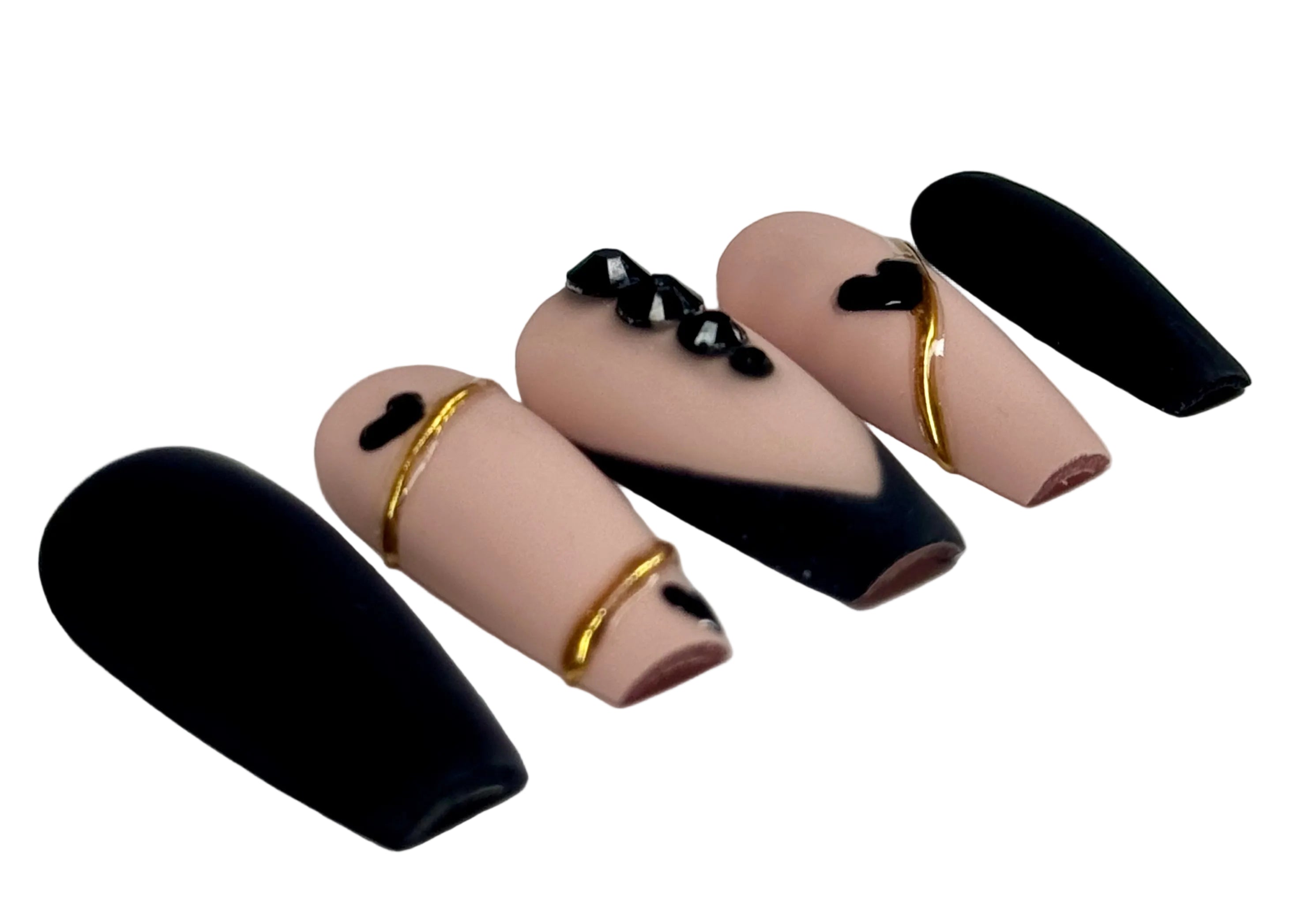 Set of nail art designs with black, gold, and pink on a white background with 'Nailene' branding.