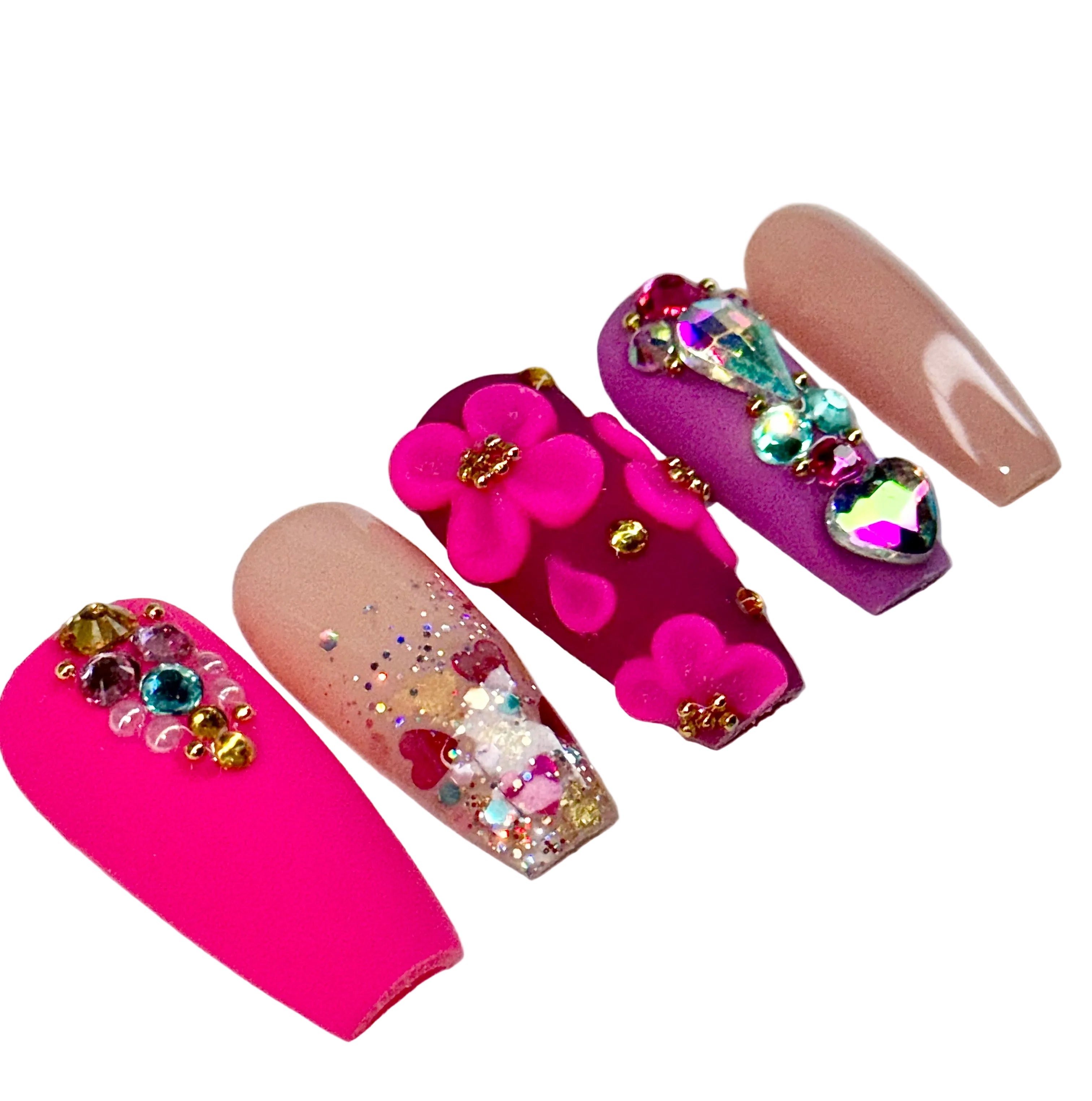 Decorative false nails with flowers and gemstones on a white background, featuring the Nailene Nail Studio logo.