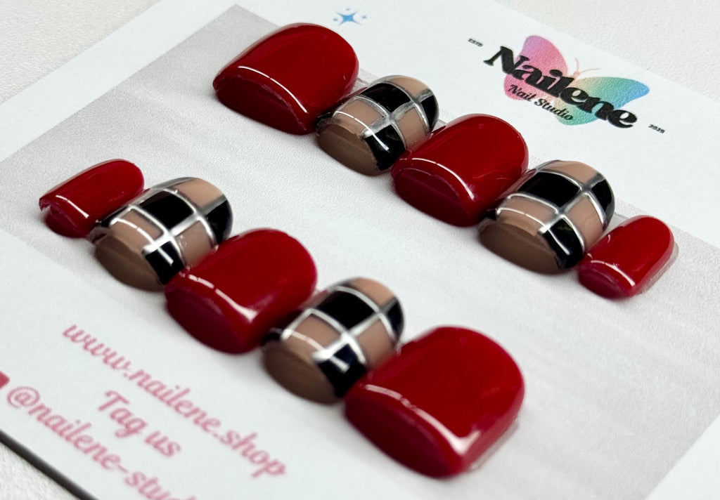 Runway Red Plaid Press On Nails| Reusable Custom Nails
