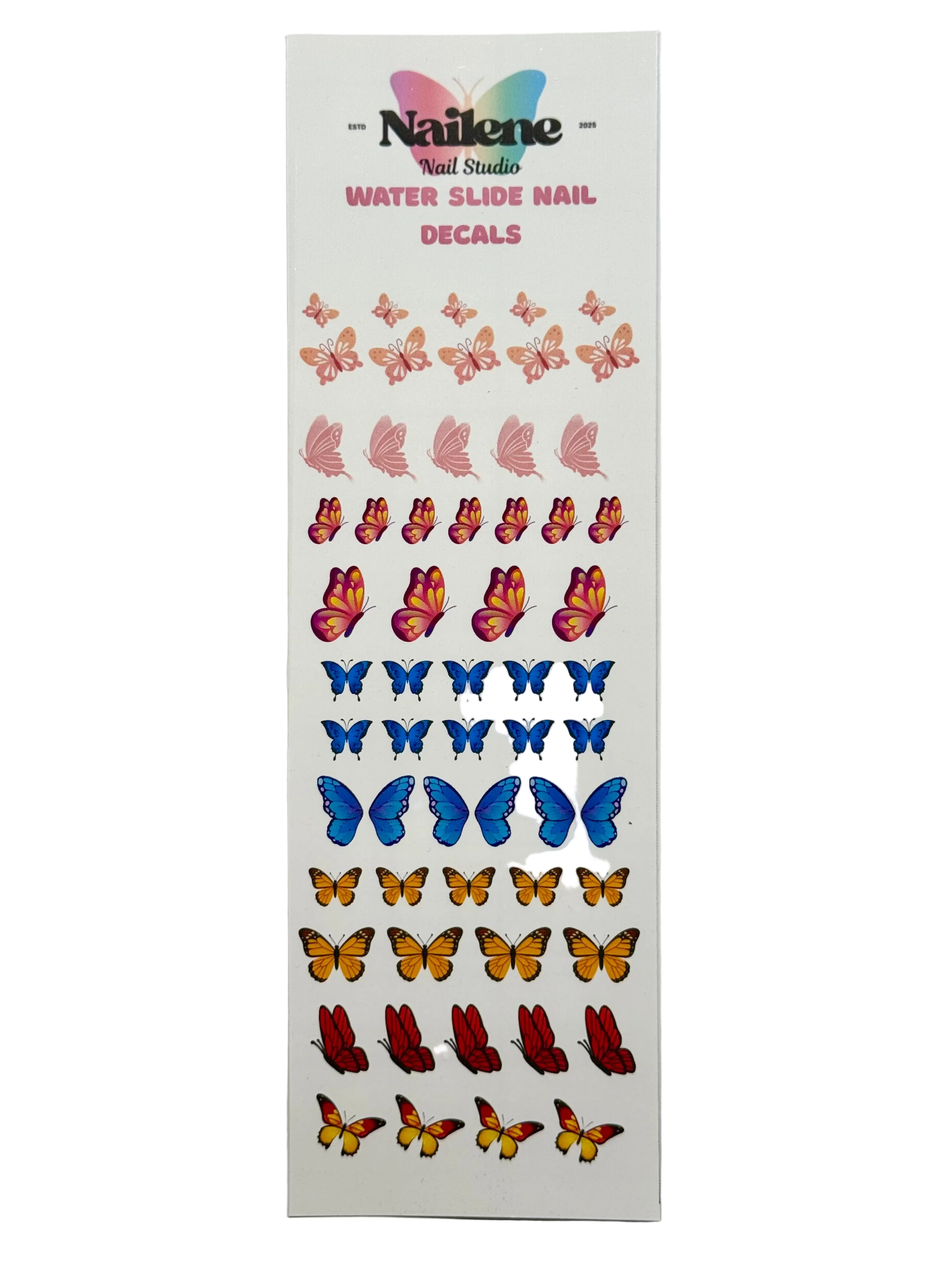Sheet of butterfly water slide nail decals by Nailene on a white background