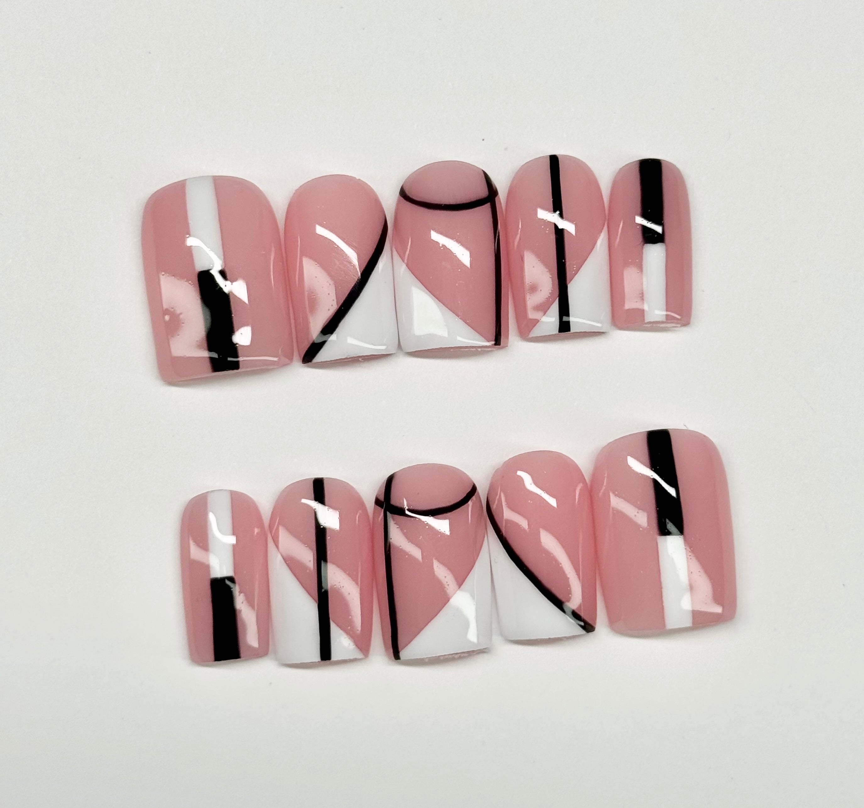 Blush Noir Black & White Press On Nails| Custom Reusable Nail Sets