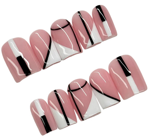 Set of pink nude with white and black nail art designs 