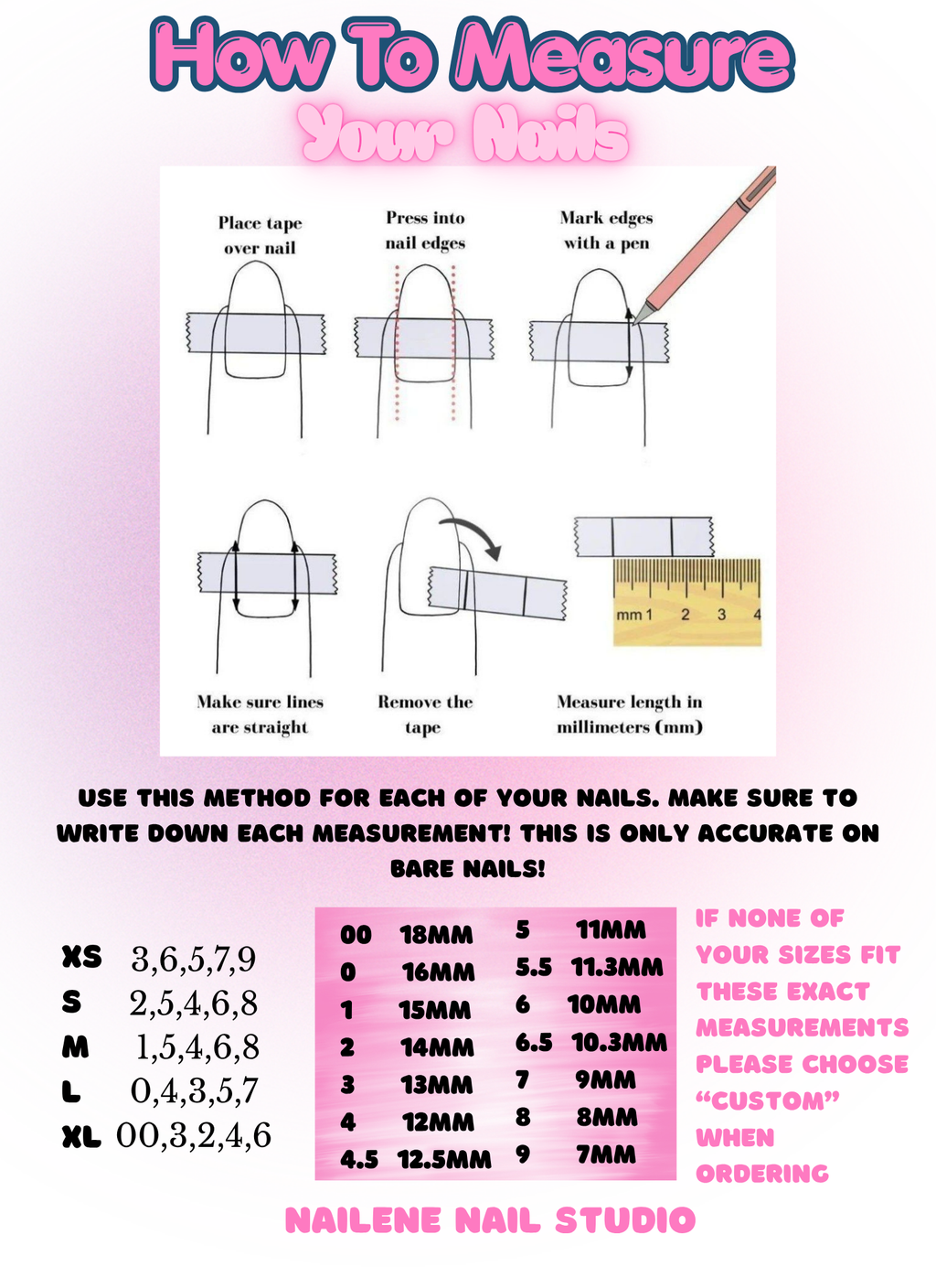 Instructions on how to measure nails with a ruler and tape measure, provided by Nailene Nail Studio.