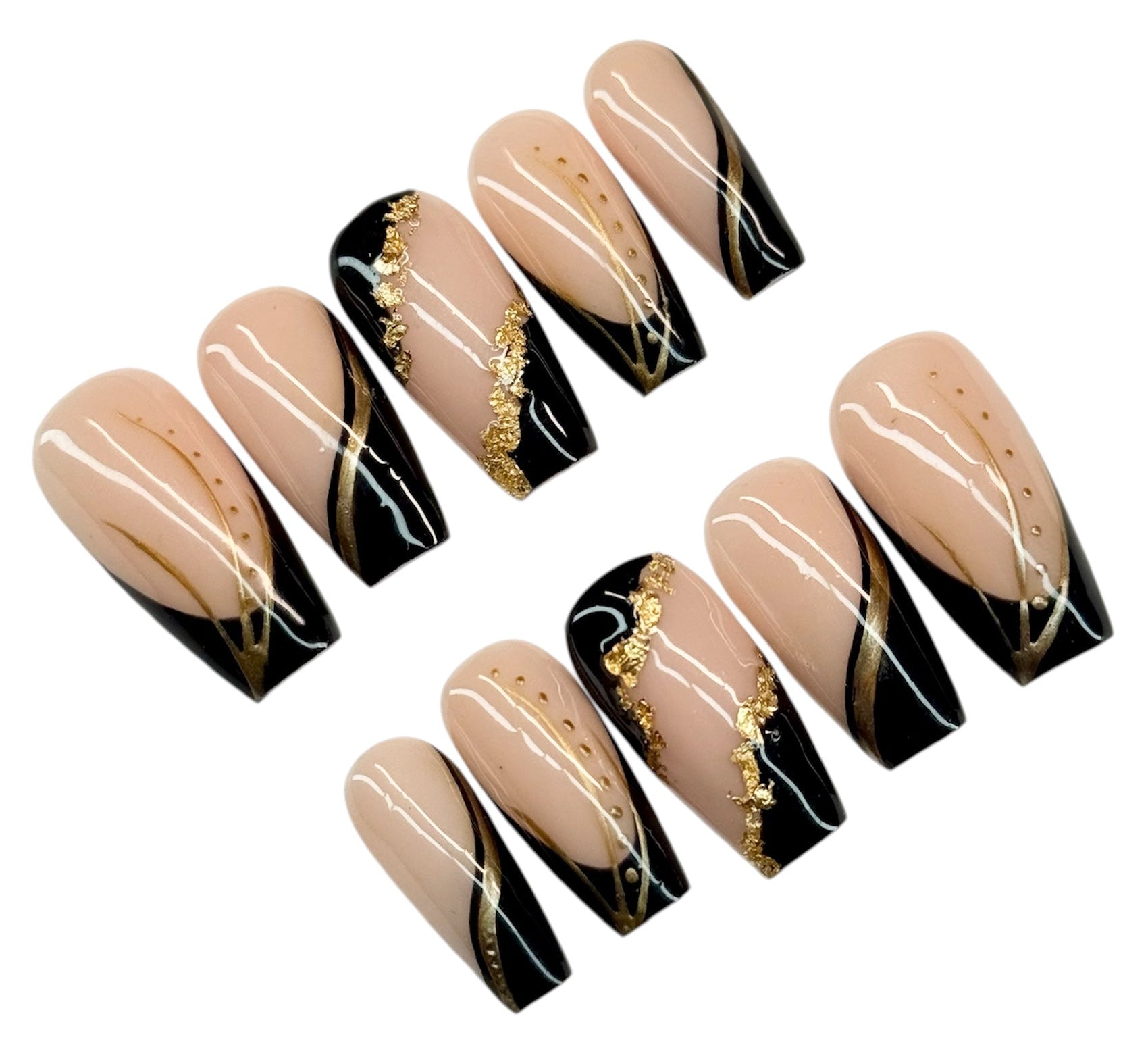 Set of nail art designs with beige, black, and gold on a white background