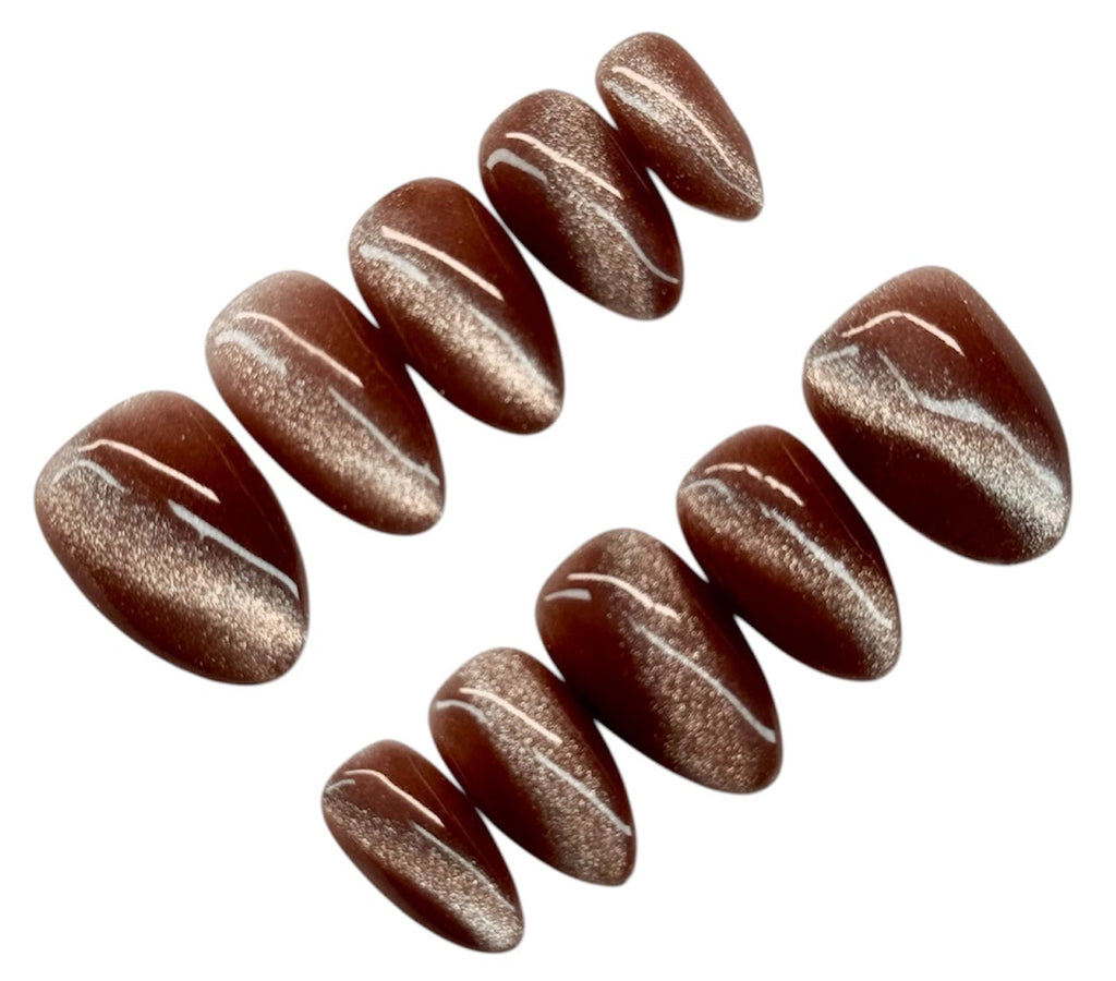 Chocolate-coated candies on a white background