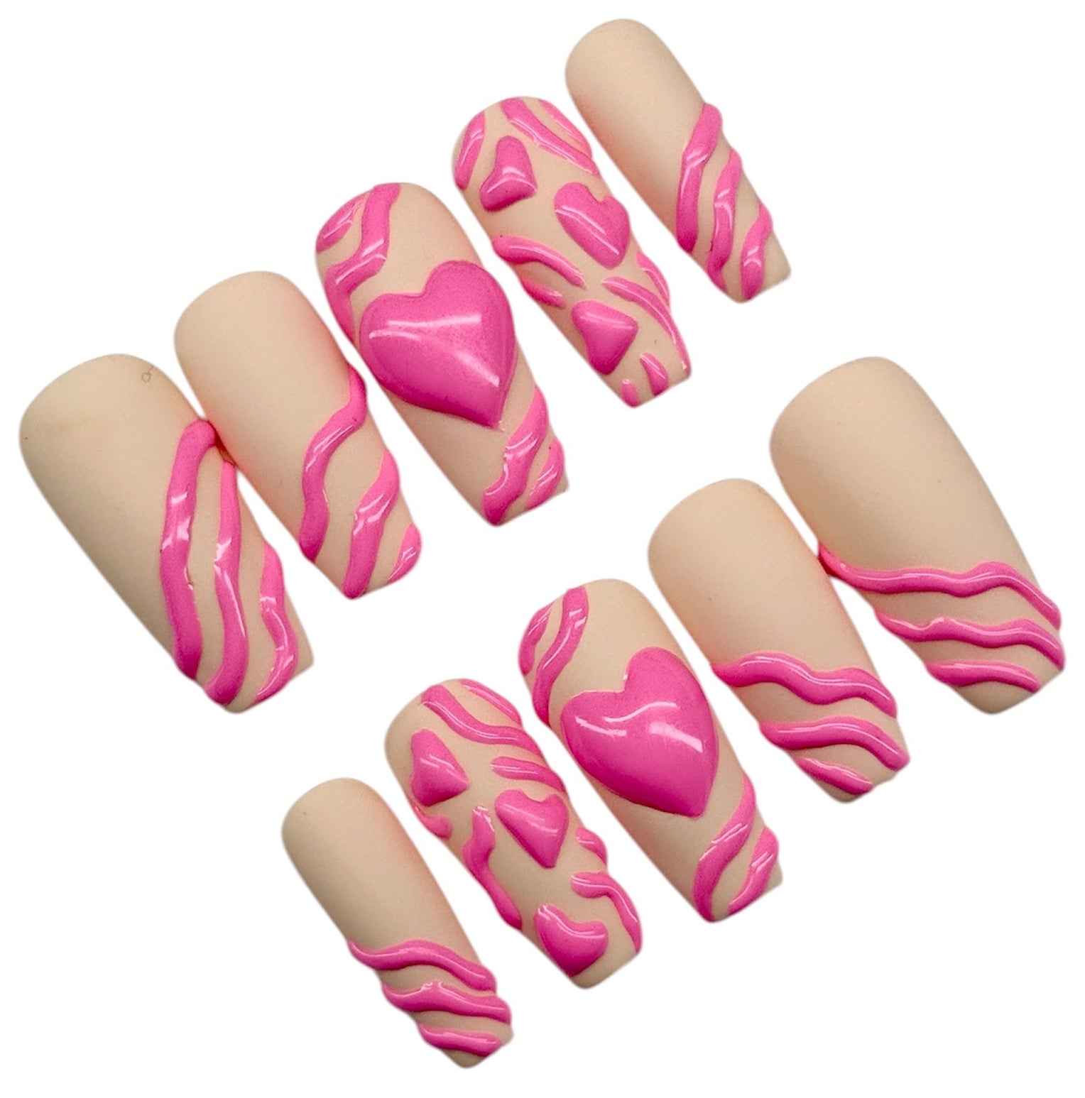 Set of decorative false nails with pink and beige design on a white background