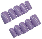Set of purple nail tips with white stripes on a white background