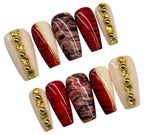 Set of nail art designs with gold accents on a white background