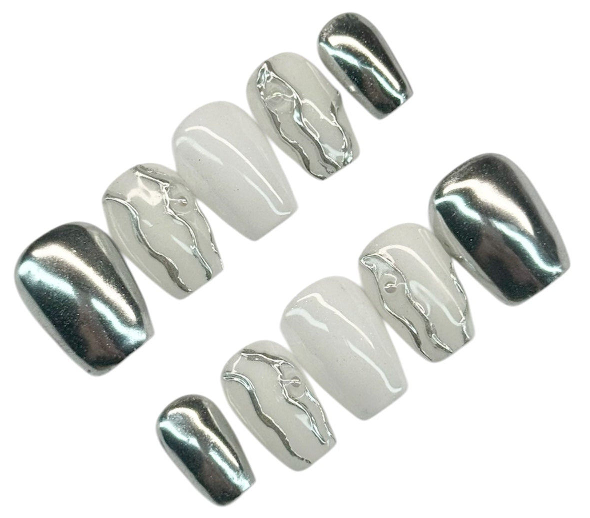 Set of silver chrome and milky white nail polish on a white background
