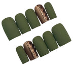 Set of army  green nail wraps with a gold chrome accent on a white background
