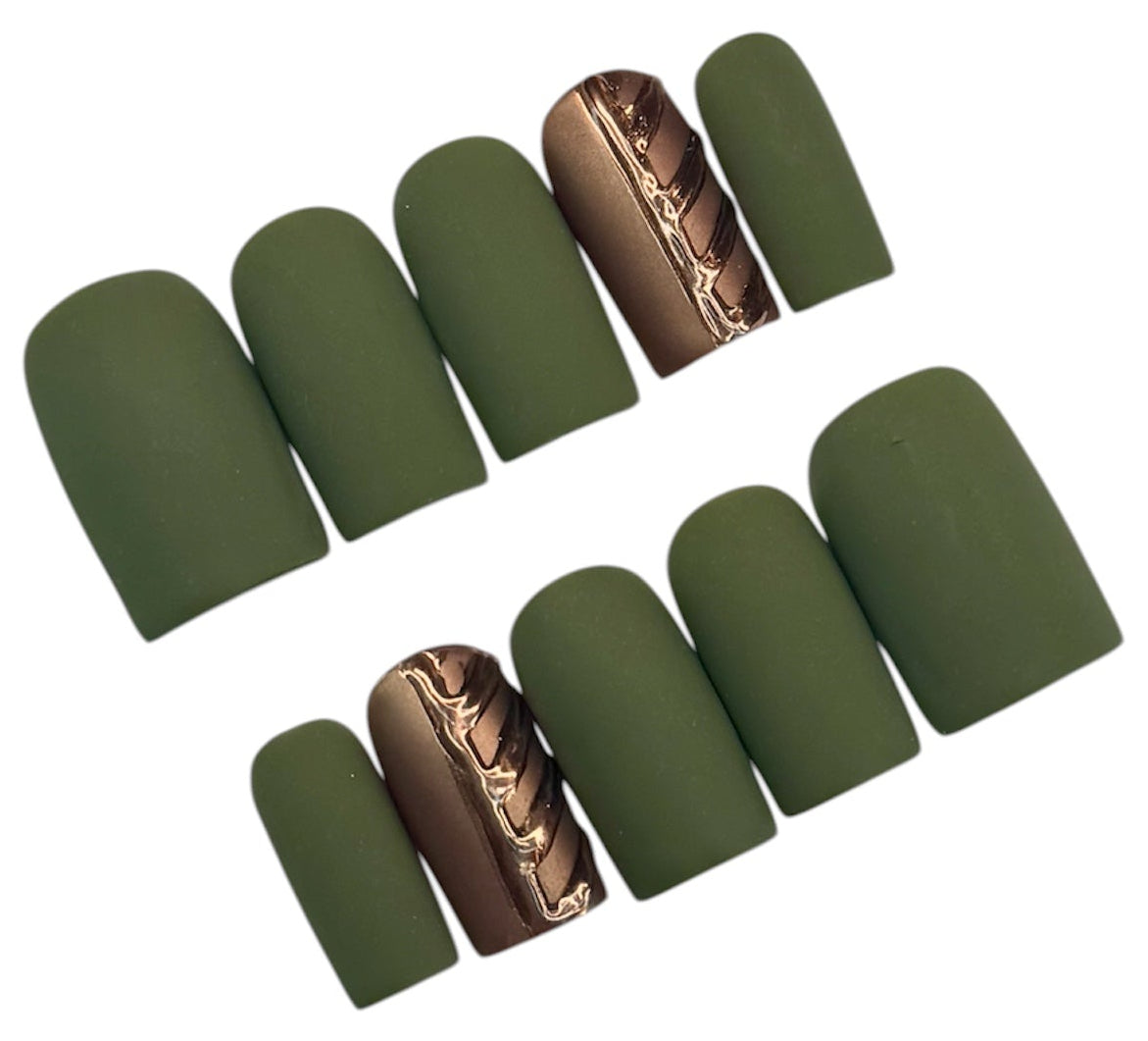 Set of army  green nail wraps with a gold chrome accent on a white background