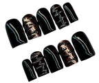 Set of black and gold gothic emo nail art designs on a white background