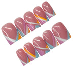 Set of nail art stickers with pink, white, and multicolor design on a white background