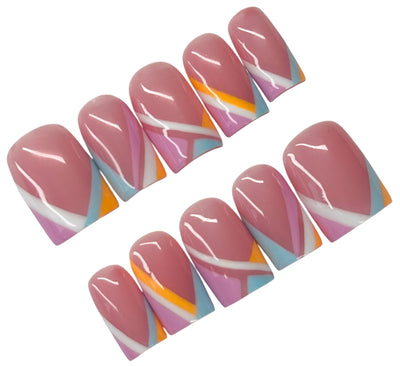 Set of nail art stickers with pink, white, and multicolor design on a white background