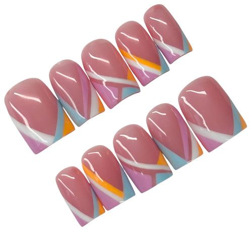 Set of nail art stickers with pink, white, and multicolor design on a white background