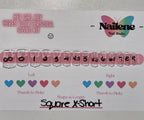 Nail size chart with measurements and color codes for nail shapes and lengths on a white background.