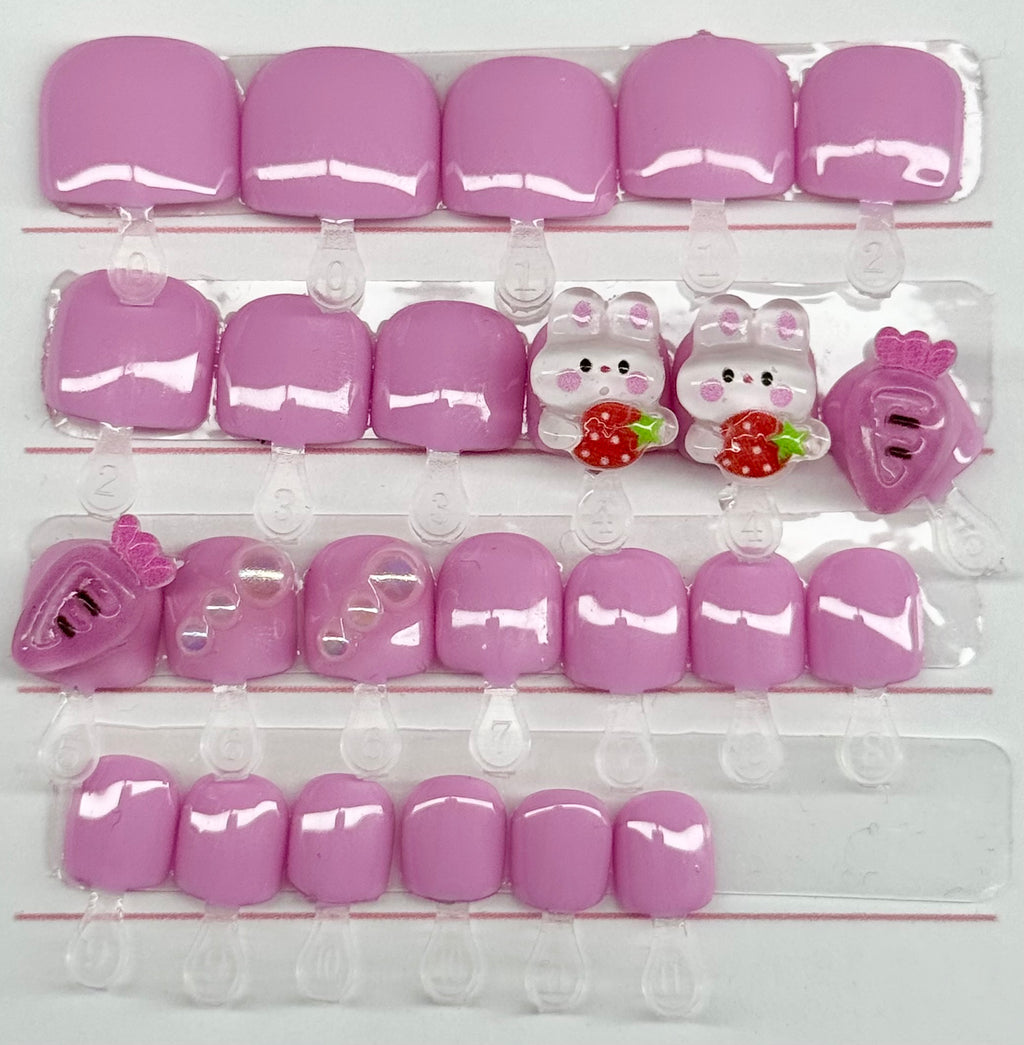Pastel Purple Bunny Theme Kids Press On Nails| Hand painted Reusable Nail Set