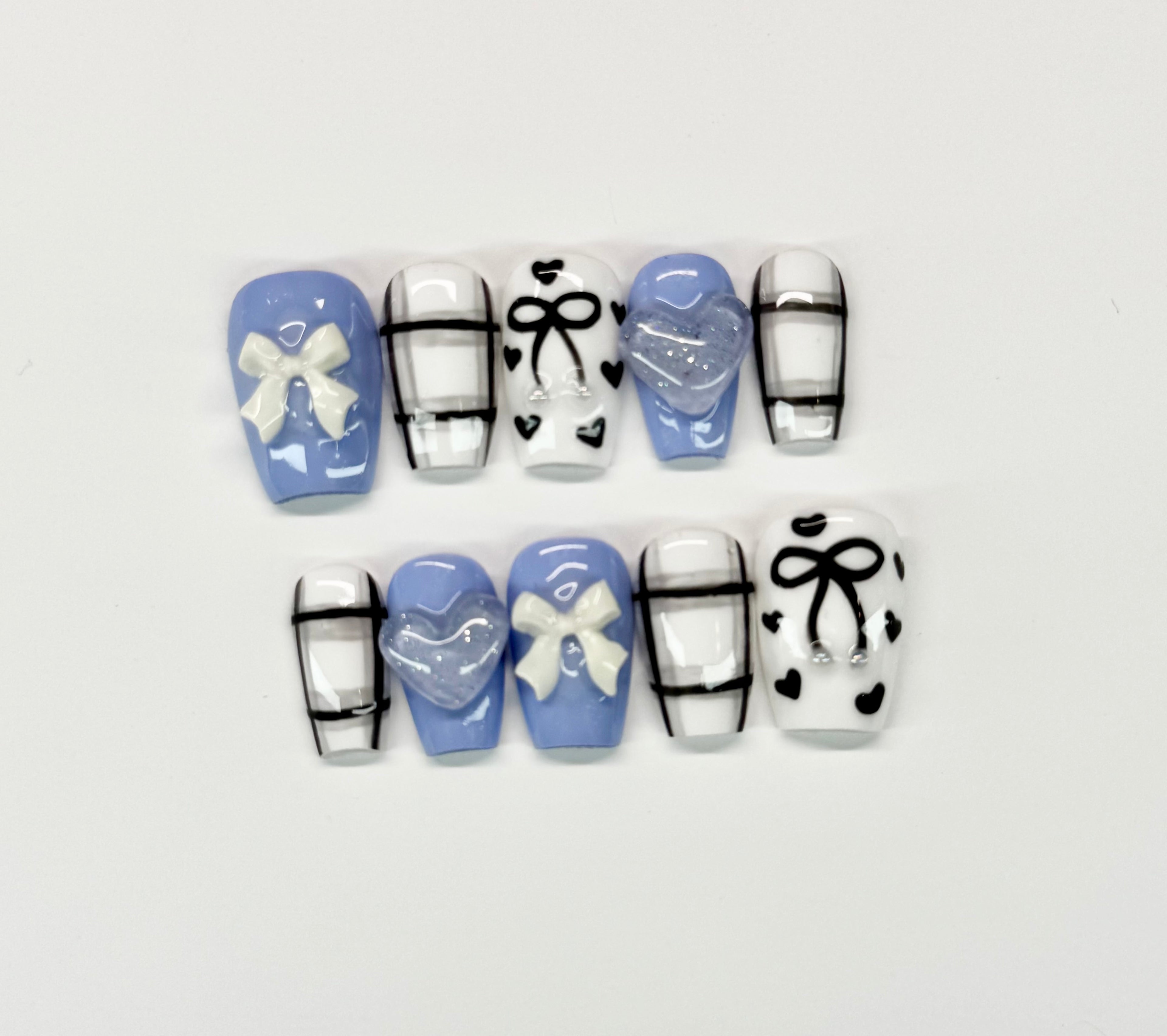 Blue Belle Bow Press On Nails|Reusable Custom Nail Set