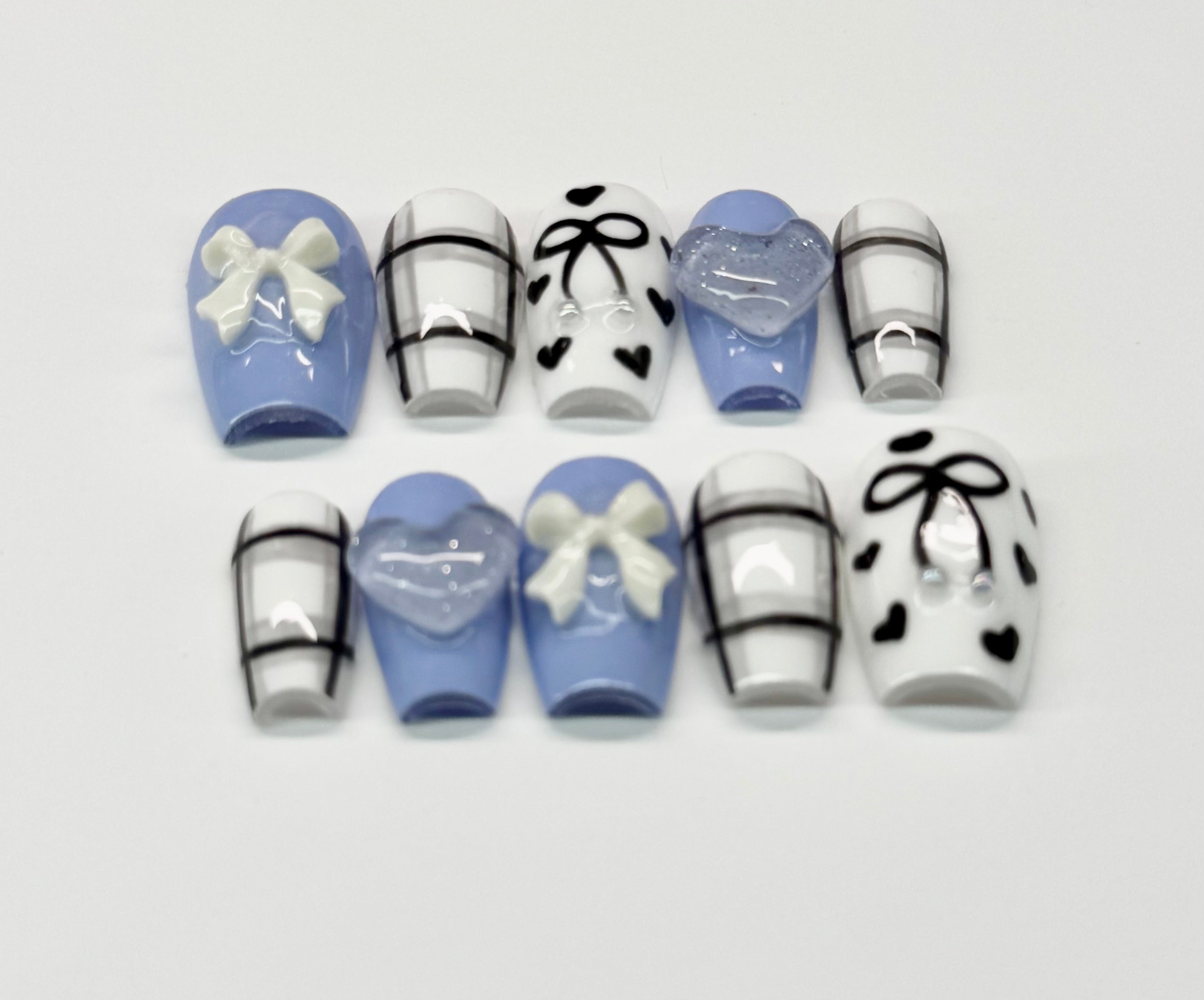 Blue Belle Bow Press On Nails|Reusable Custom Nail Set