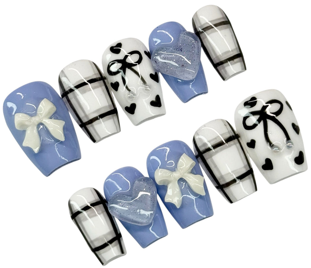 Blue Belle Bow Press On Nails|Reusable Custom Nail Set