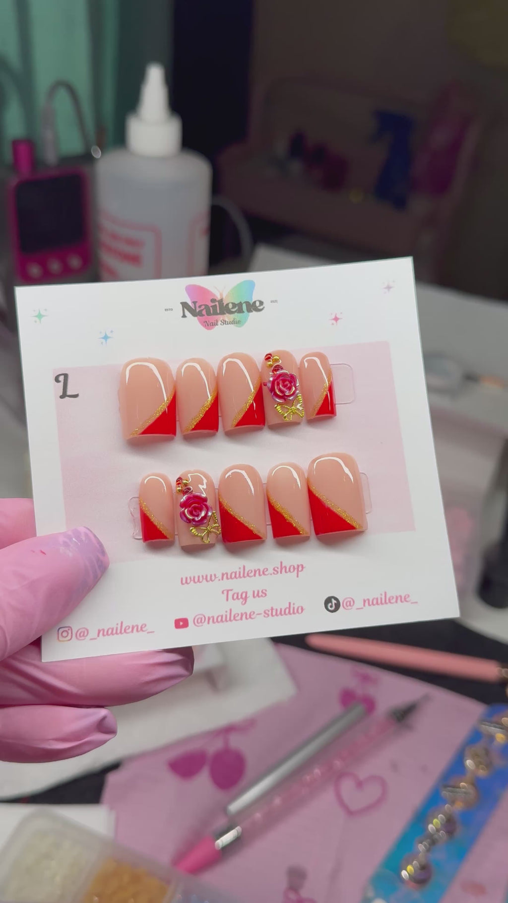 Red Rose Half French Press On Nails| Reusable Custom Nail Set