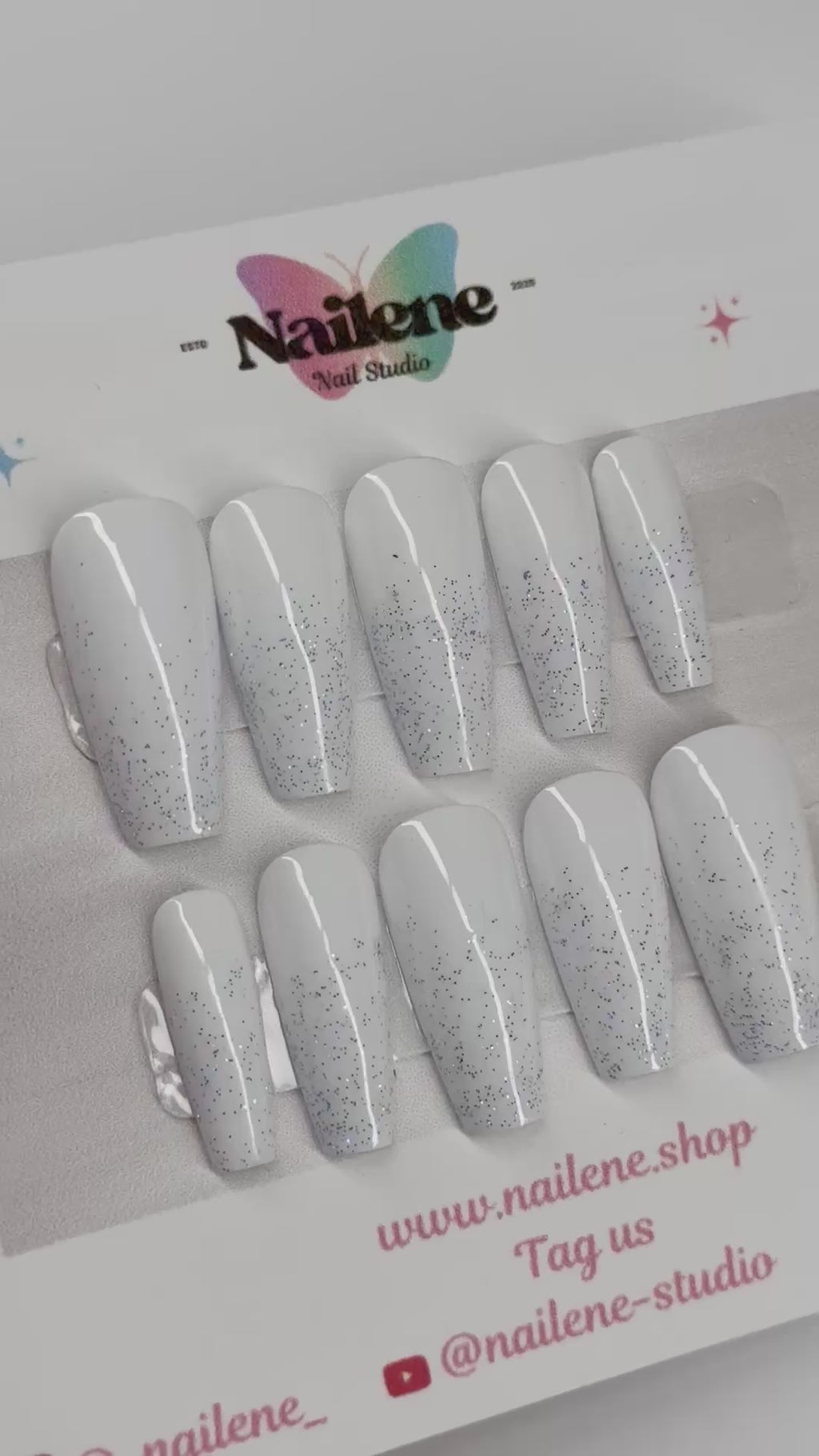 Snow White Solid Color with Glitter Tips Press On Nails| Reusable Custom Nails