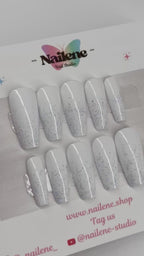 Snow White Solid Color with Glitter Tips Press On Nails| Reusable Custom Nails