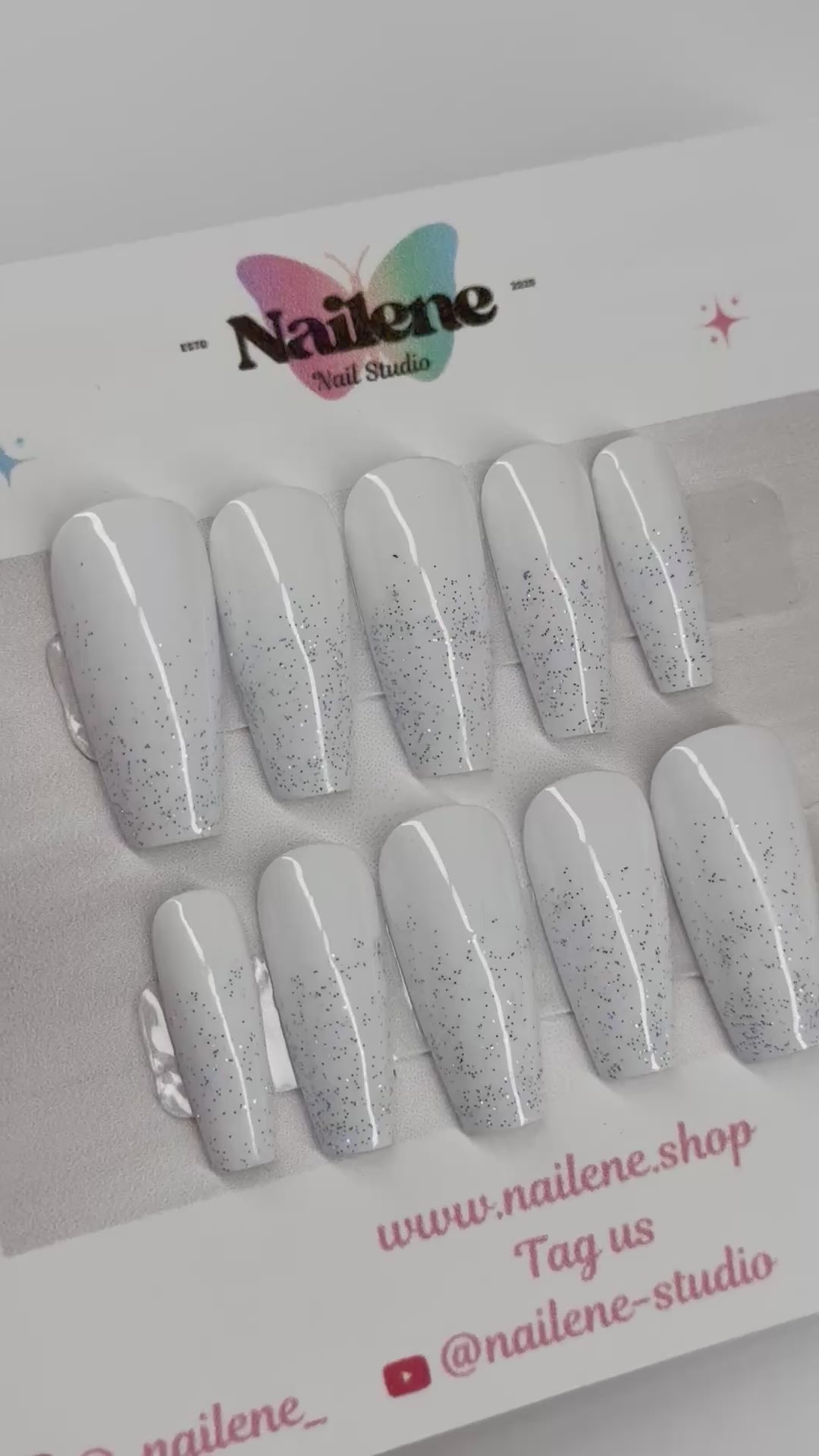 Snow White Solid Color with Glitter Tips Press On Nails| Reusable Custom Nails
