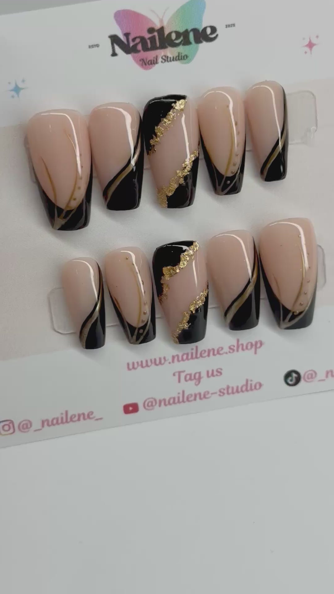 Golden Noir Elegance Press On Nails| Hand painted Reusable Nail Set