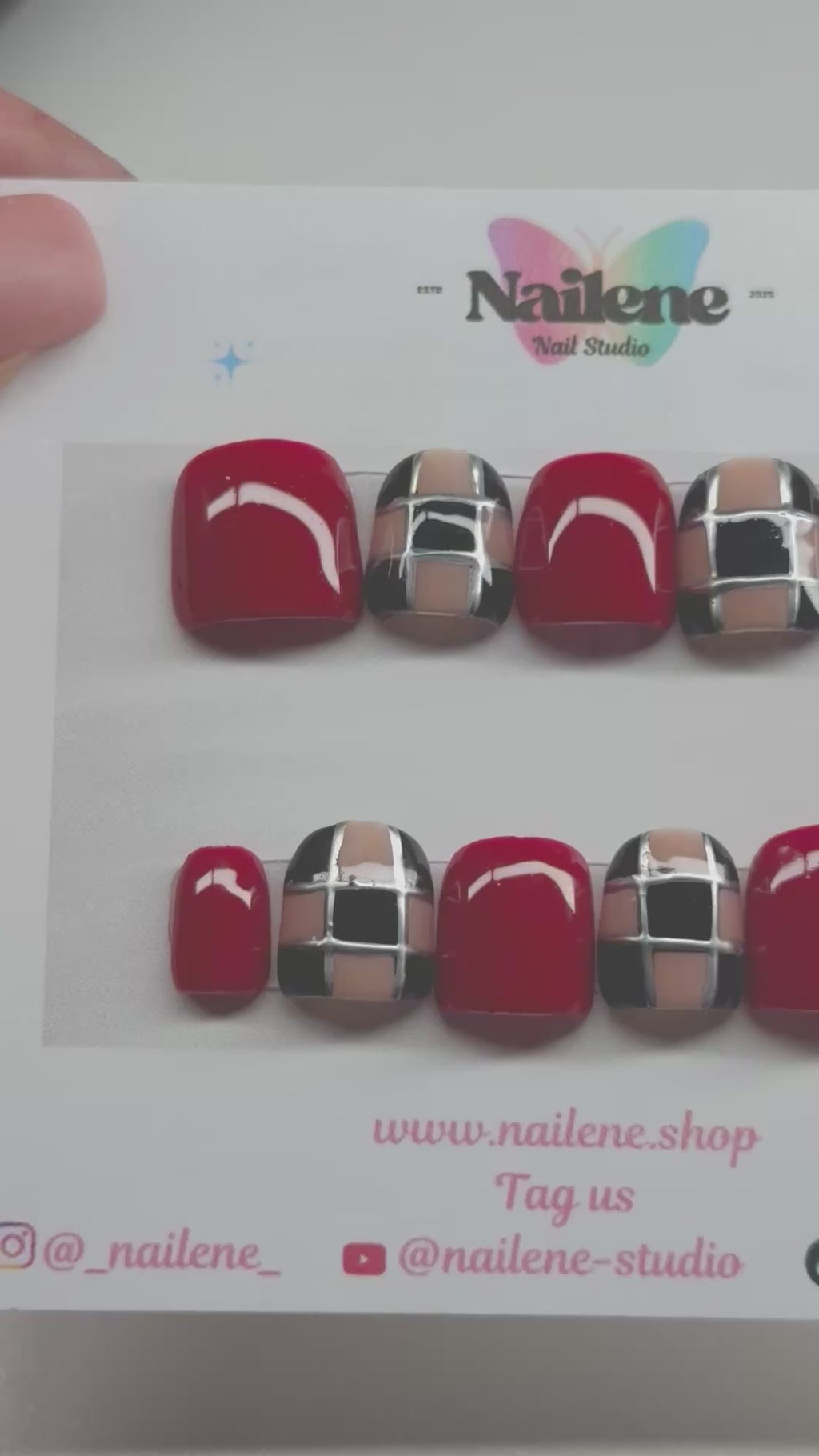 Runway Red Plaid Press On Nails| Reusable Custom Nails