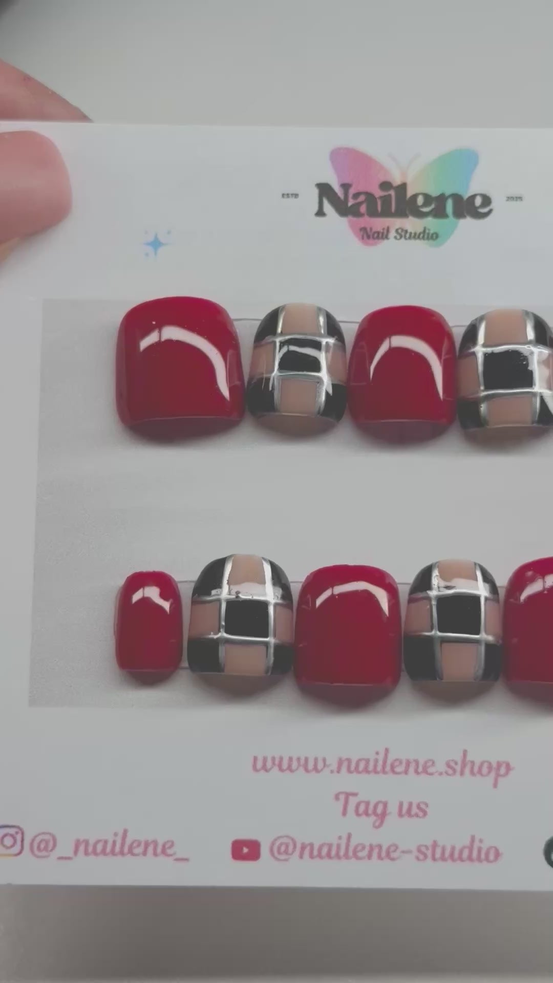 Runway Red Plaid Press On Nails| Reusable Custom Nails
