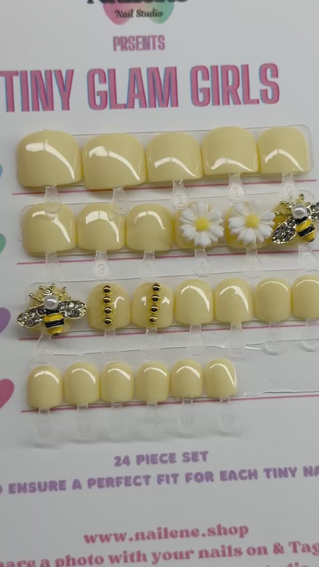 Pastel Yellow Bumble Bee Kids Press on Nail Set| Hand painted Reusable Nail Set