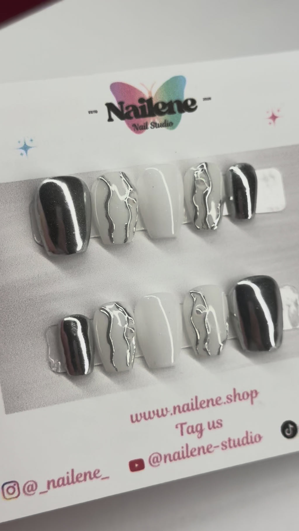 Icy Drip Silver Chrome and Milky White Press On Nails| Reusable Custom Nails